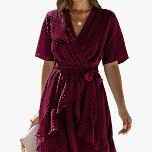 Women's Burgundy Wrap Ruffle Dress NWT